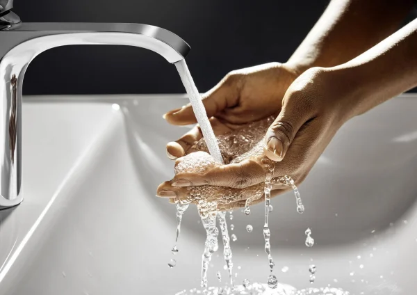 Washing hands under sleek modern Hansgrohe bathroom faucet
