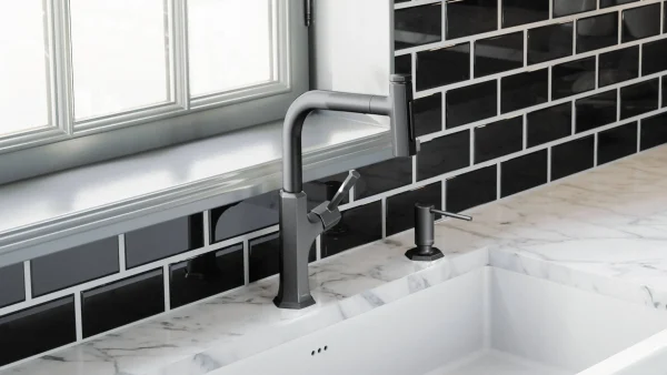 Matte Hansgrohe black kitchen faucet with soap dispenser