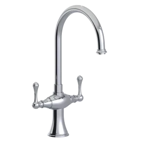 Rubinet dual-handle gooseneck kitchen faucet in chrome.