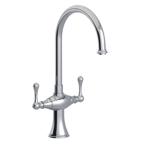 Rubinet dual-handle gooseneck kitchen faucet in chrome.